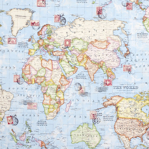 world map in light blue - homedecor fabric