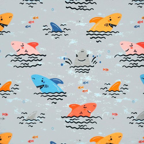 swimming sharks in grey - printed jersey fabric