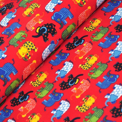 elephants on red - printed jersey fabric