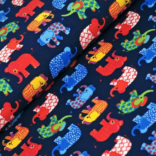 elephants on navy - printed jersey fabric