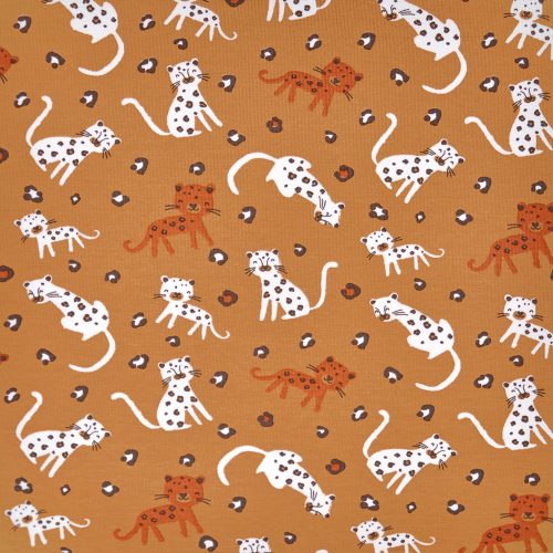 GOTS leopards on camel - printed organic cotton jersey fabric
