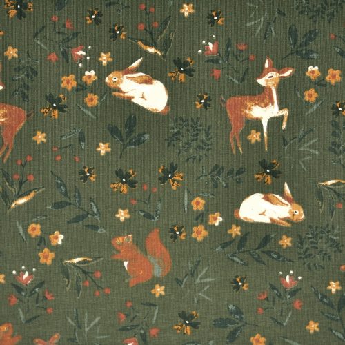 leaves and animals on khaki - printed jersey fabric