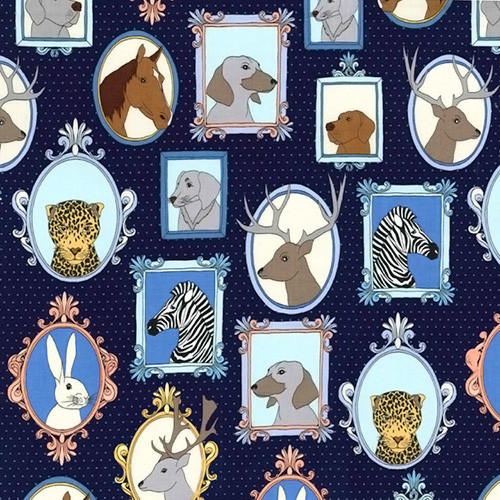 little animals portraits in navy - designer cotton fabric