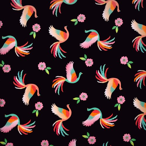 enchanted dreams - dancing phoenix in black - designer cotton fabric