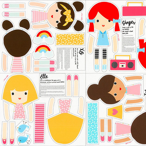 girl friends - cut-n-sew doll panel - XO, Ginger, Elle, Zoe - designer cotton fabric