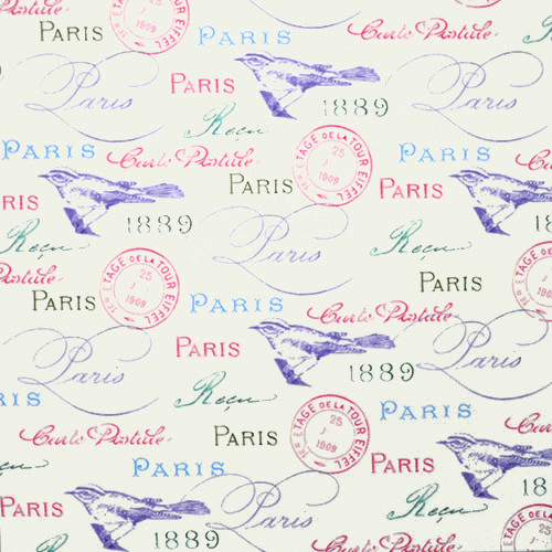 paris in bloom - birds, stamps, words in white - designer cotton fabric