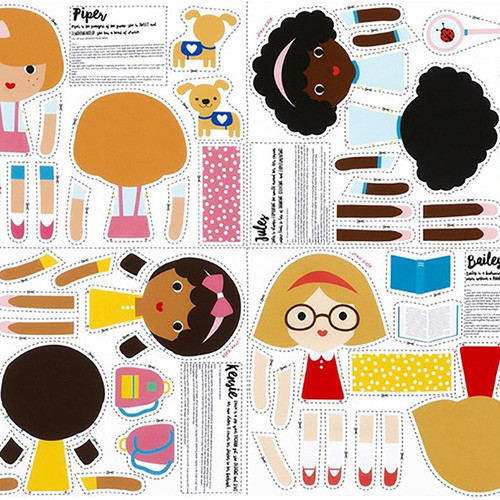 girl friends - cut-n-sew doll panel - Piper, Jules, Kensie, Bailey - designer cotton fabric