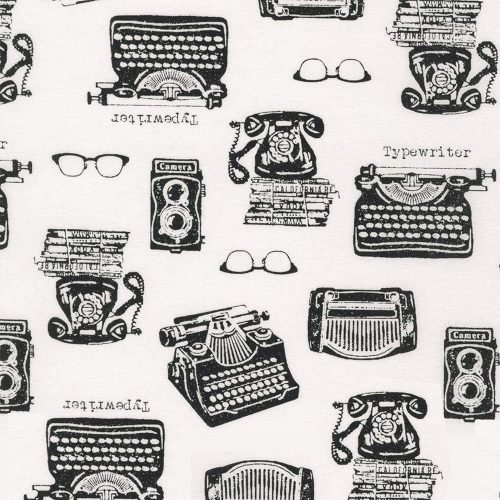 in the press – typewriter in white- designer cotton fabric