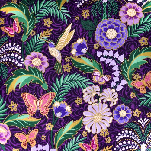 midnight nectar - hummingbird in violet  - designer cotton fabric