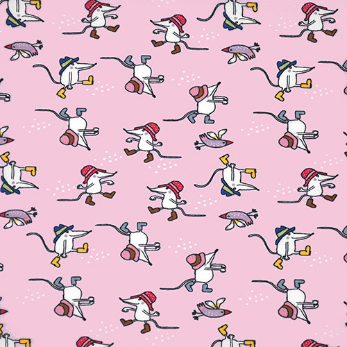 mice in hat on rose - printed jersey fabric