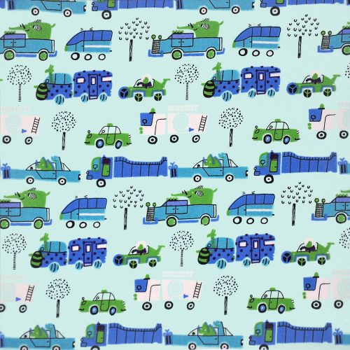 various vehicles on light blue - printed cotton fabric