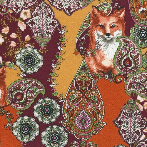 orient foxes in curry - printed cotton fabric