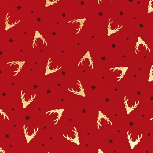metallic deer head on deep red - printed poplin fabric