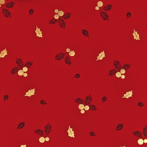 metallic holly on deep red - printed poplin fabric