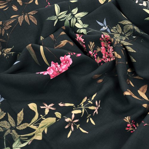  hidden garden in black - printed viscose poplin fabric