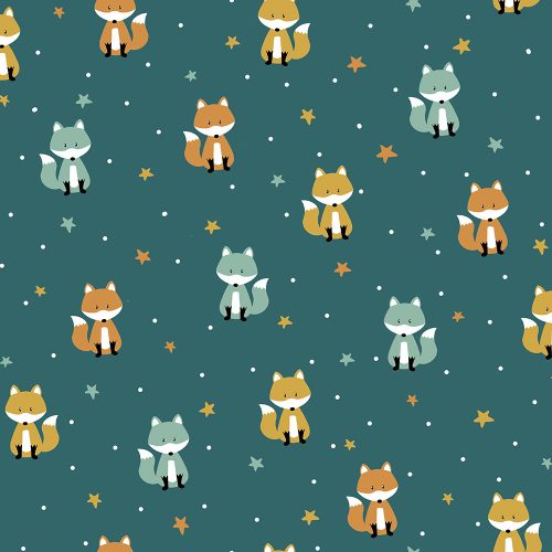 foxes and stars on cyan - printed jersey fabric