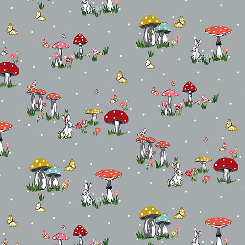 mushroom village - rabbit on grey - printed poplin fabric