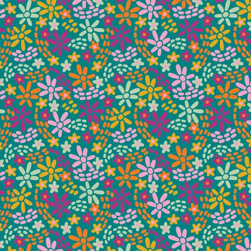 colorful flowers on cyan - printed french terry - not brushed
