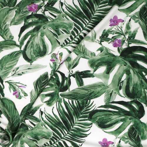tropical leaves on white - printed viscose poplin fabric
